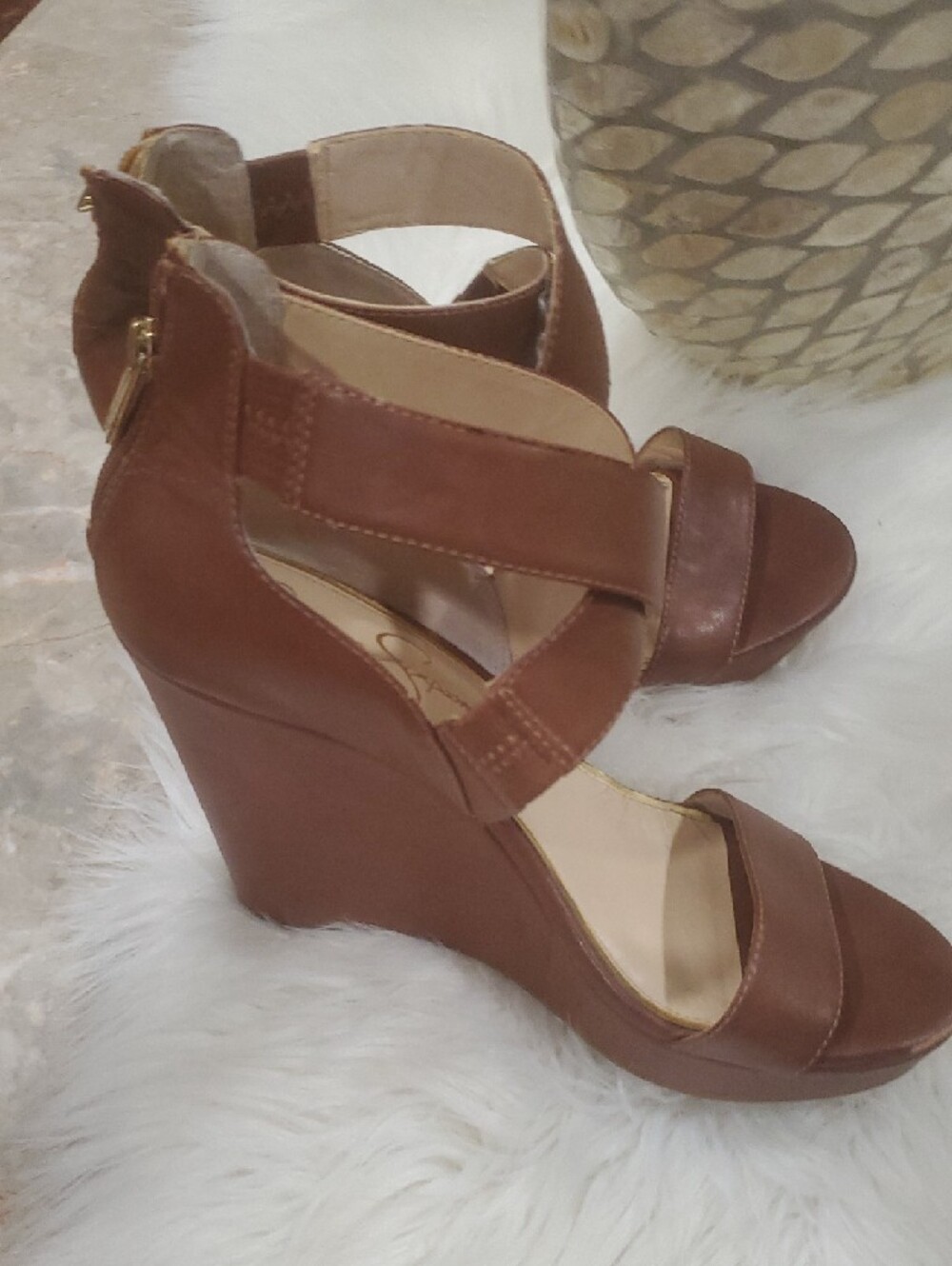 Jessica Simpson Brown Leather Crisscross Strap Wedge Heels Size 9 - Picture 13 of 15